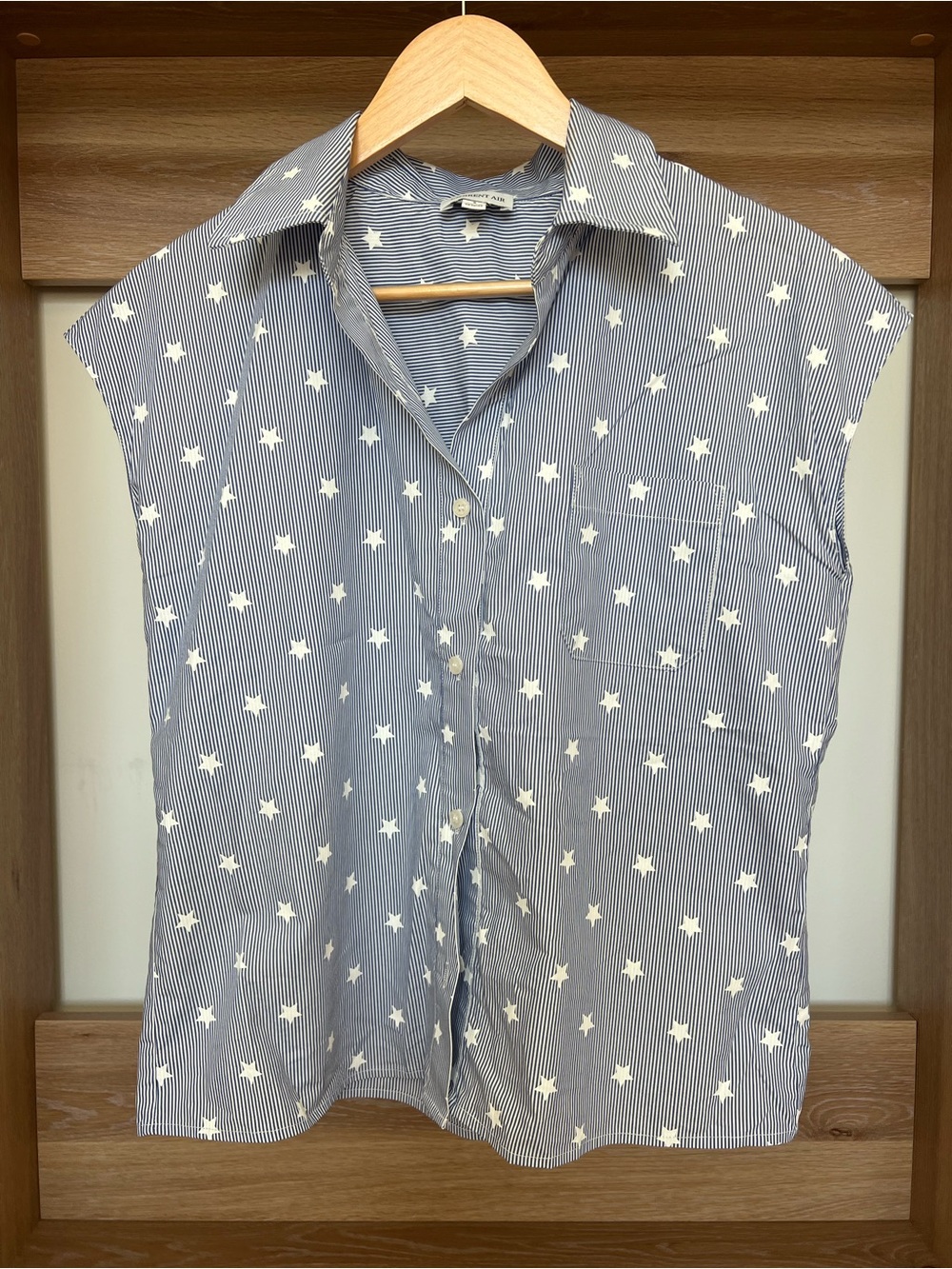 Current Air Blue Pinstripe Sleeveless Button-Down with White Star Print